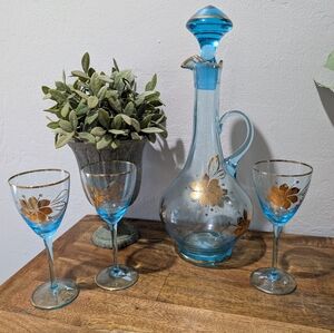 Romanian‎ Vintage Blue Glass Decanter with 3 Cordial Glasses Gold Floral Design